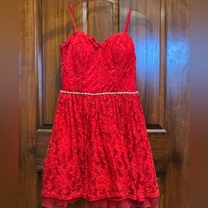 City Studio Red-Lace Dress with Pearl Accent